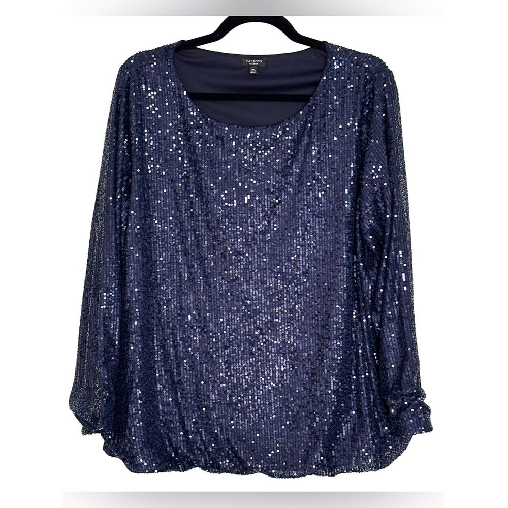 Talbots Allover Sequin Long Sleeve Top Navy Size 1XP